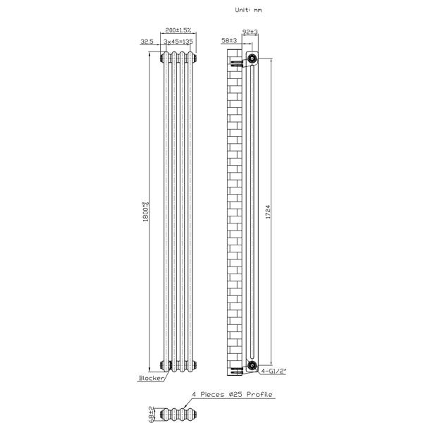 Monstershop Traditional 2 Column Radiator - 1800 x 200mm - Raw Metal