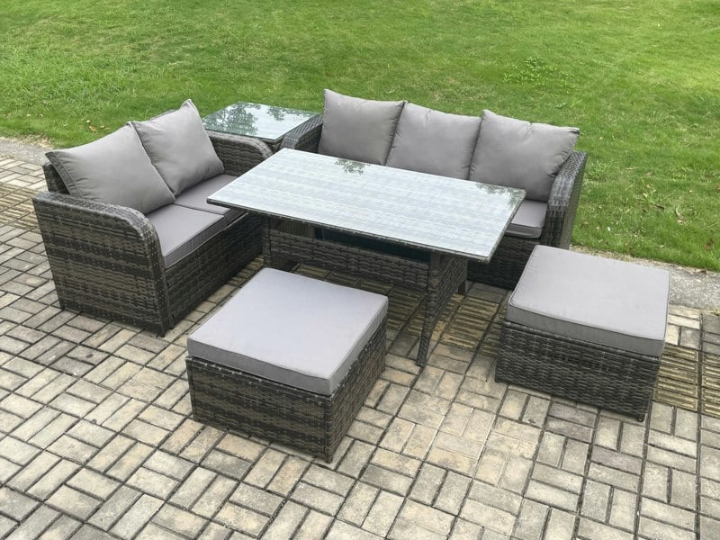 Fimous 7 Seater Dark Grey Mixed Rattan Outdoor Lounge Set - Oblong/Rectangular Dining Table, 2 Footstools & Side Table