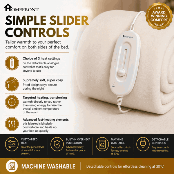 Homefront Electric Blanket Single Bed, Machine Washable Fast Heat Up and Safe for All Night Use