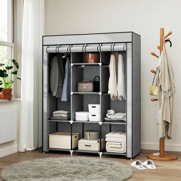 HOMCOM Fabric Portable Wardrobe with 8 Shelves 2 Hanging Rails