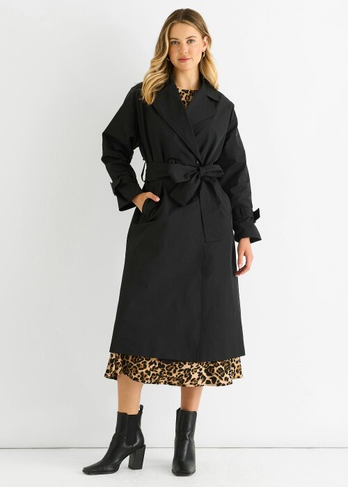 Gini London Black Double Breast Longline Belted Trench Coat