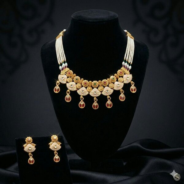 The Colourful Aura Gold Kundan Choker Necklace Set with Pearl Chain and Earrings