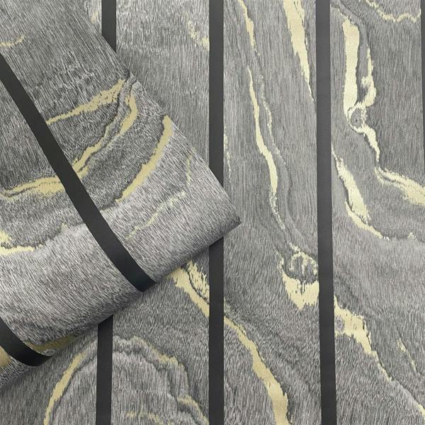 Woodgrain Panel Charcoal & Gold Wallpaper