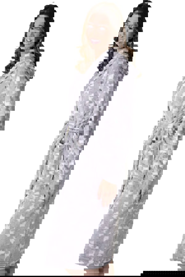 Camille Women's Grey Star Supersoft Fleece Hooded Calf Length Bathrobe