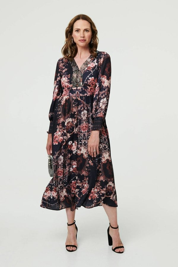 Black | Printed Long Sleeve Empire Maxi Dress
