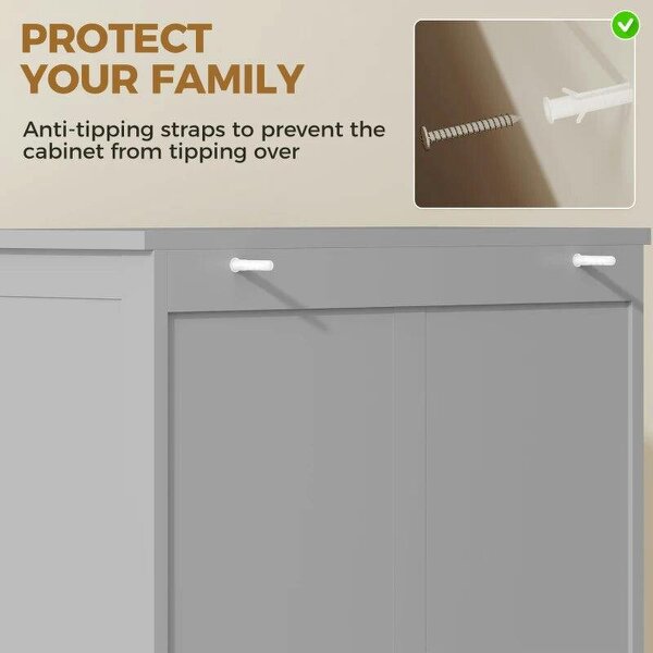 Freestanding Kitchen Cupboard, Storage Cabinet with 2 Adjustable Shelves, Drawer and Glass Door for Living Room, Grey