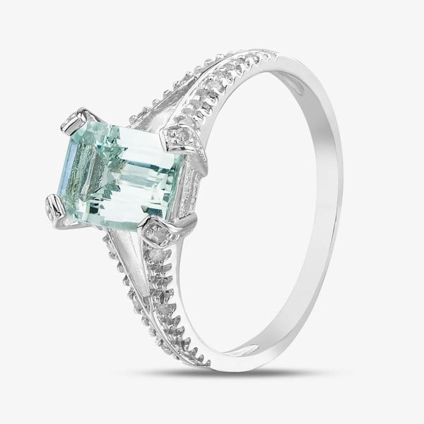 T. H. Baker 9ct White Gold Emerald Cut Aquamarine & Diamond Split Shoulders Ring PR07262W AQ