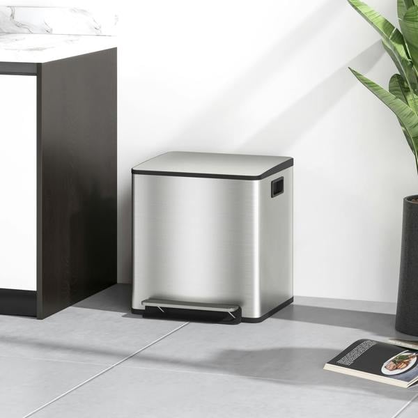 HOMCOM 2 x 15L Double Kitchen Bin, Pedal Bin Soft-Close Lid, Silver Tone
