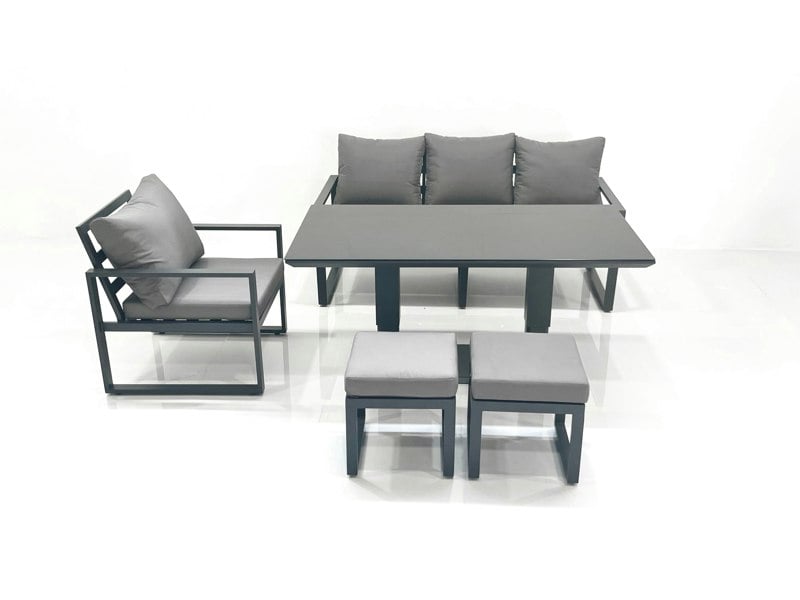 Fimous Outdoor Aluminium Garden Furniture Set with Adjustable Rising Lifting Dining Table 3 Seater Sofa Chair 2 Small Footstools Dark Grey