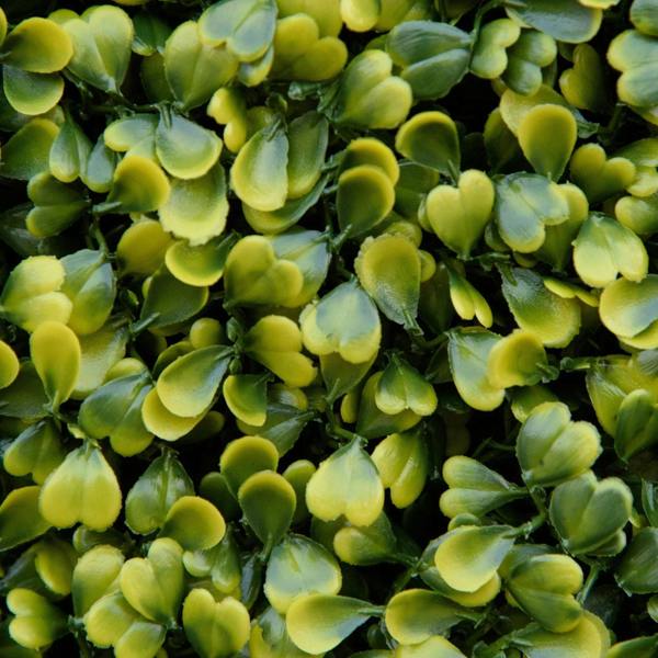 Artificial faux grass leaf cluster close-up, glossy bright and light-green tones