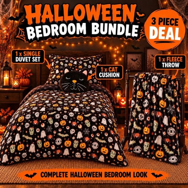 Smart Living 3 Piece Halloween Bedding WOW DEAL - Single Duvet Set + Fleece Throw + Cat Cushion