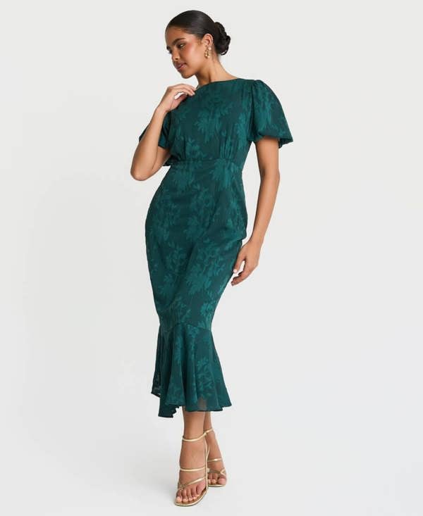 Needs No Label Forest Green Jacquard Puff Sleeve Midi Dress