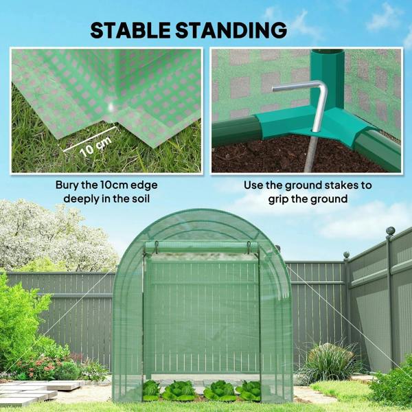 Green polytunnel greenhouse with zipped front door and ground anchor points