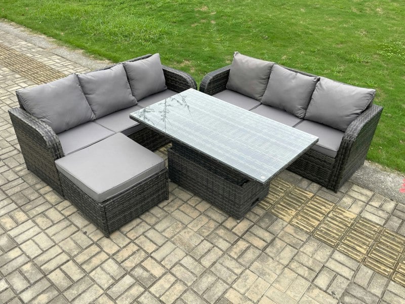 Fimous Outdoor Rattan Garden Furniture Sets Height Adjustable Rising lifting Dining Table Sofa Set with Big Footstool Dark Grey Mixed