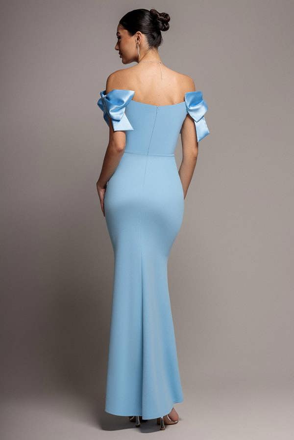 Satin Bow Bardot Sheath Maxi Dress - Ice Blue DR4999