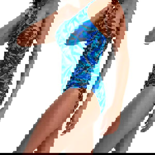 Blue Speedo Hyperboom Allover Medalist swimsuit with geometric pattern