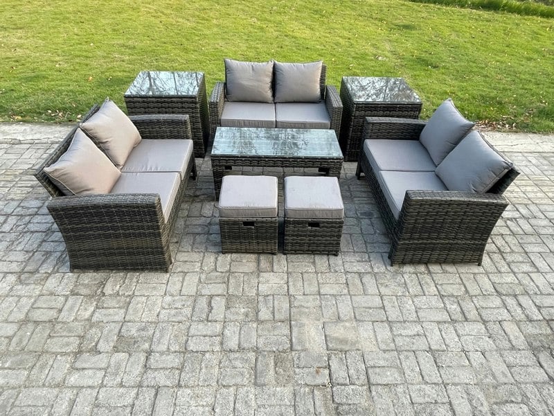 Fimous Outdoor U-Shape Sofa Set - Dark Grey Mixed PE Wicker Rattan Garden Furniture with Coffee Table & 2 Footstools