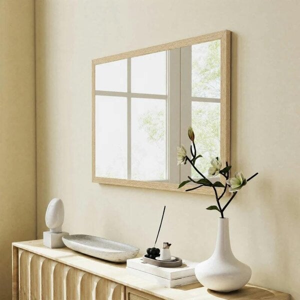 Bobobiy Wall Bathroom Mirror, 60 x 40 cm Wall-Mounted Mirror for Living Room, Bedroom, Hallway, Natural Wood Finish