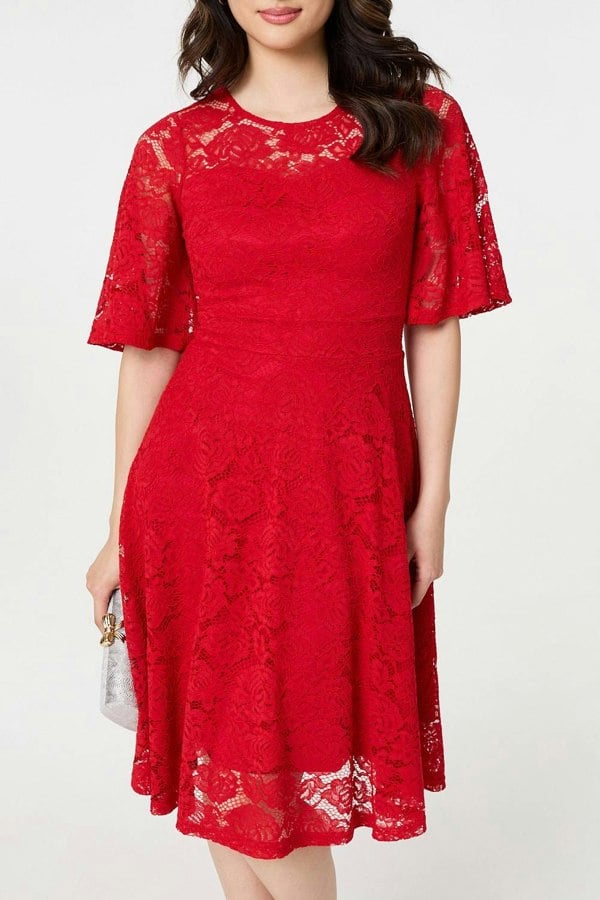 Red | Lace Overlay Knee Length Skater Dress
