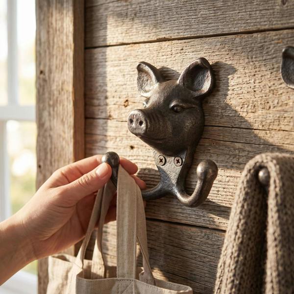Close-up of a cast iron pig-shaped coat hook mounted on a rustic wooden wall, highlighting detailed craftsmanship in a farmhouse setting.