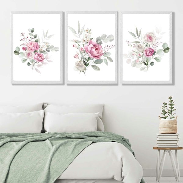 Set of 3 Pink Roses with Eucalyptus Bouquets Framed Art Prints with Silver Wooden Frames