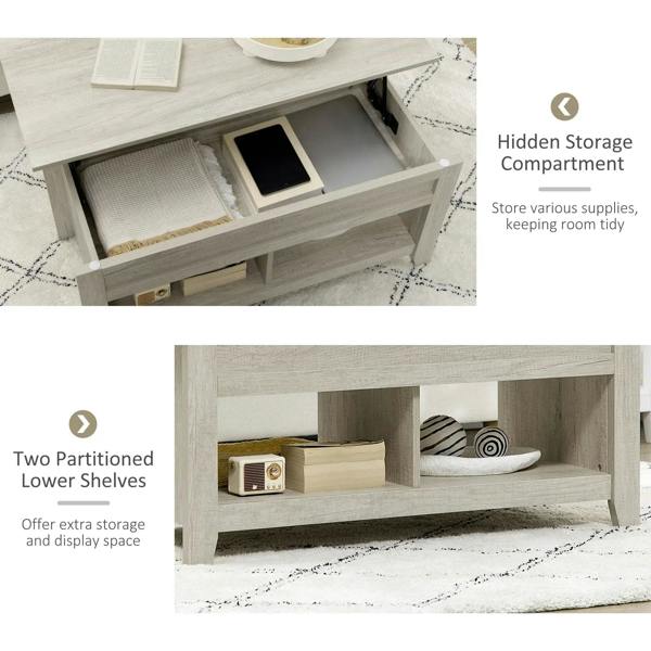 Lift-up coffee table with hidden storage compartment and open shelving, light oak-effect