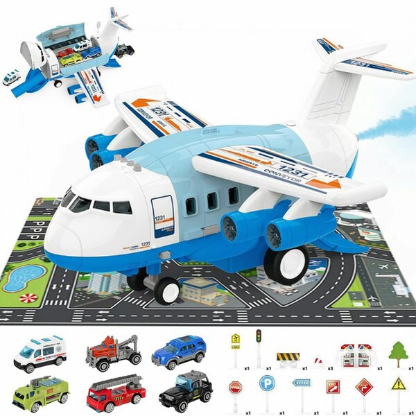deAO Toys Transport Cargo Airplane Car Track Toy Set with Music Lights and Spray - 3+ - blue & white