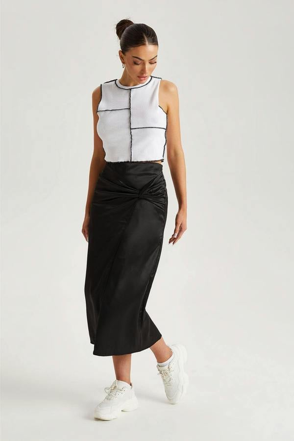 Urban Bliss Black Satin Side Knot Midi Skirt