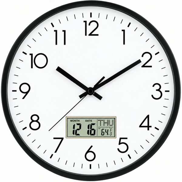 ATEK 12 Inch Digital Wall Clock Date Day Temperature Silent Black