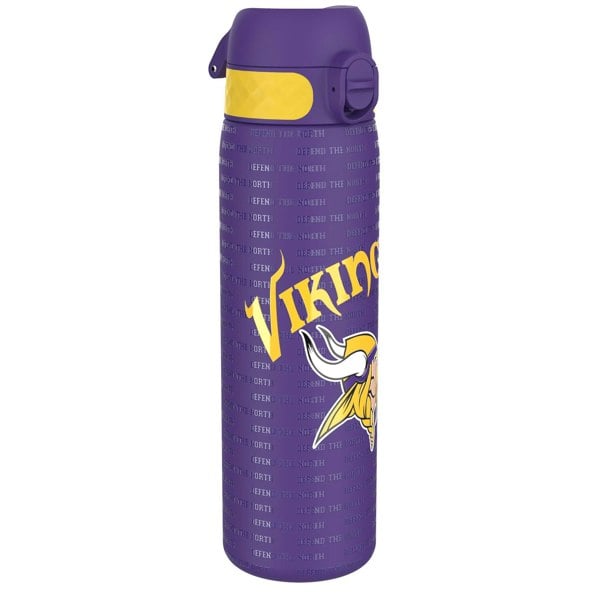 A purple water bottle, featuring a Viking logo and repeated "DEFEND THE NORTH," stands on a white background.