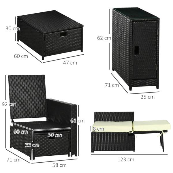 Black wicker storage side table and sun lounger dimensions diagram with cushions