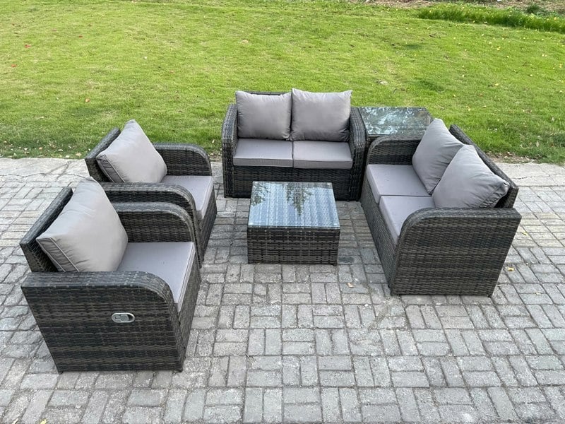 Fimous 6 Seater Rattan Sofa Set Outdoor Garden Furniture Set with Square Coffee Table Loveseat Sofa Reclining Chairs Side Table Dark Grey Mixed