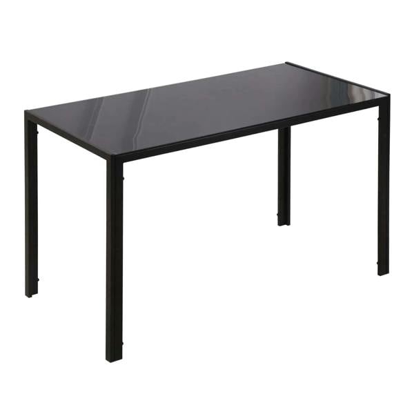 Black rectangular dining table with tempered glass top and metal legs