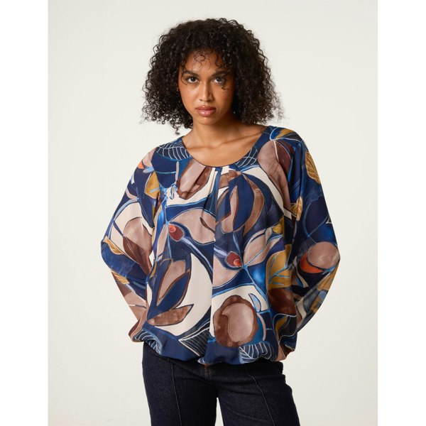 Blue Vanilla Abstract Print Scoop Neck Puffball Blouse