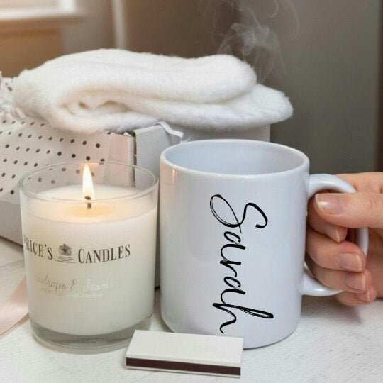 Aye Do Gifts Personalised Script Name Mug, Candle & Socks Gift Hamper | Birthday Gift