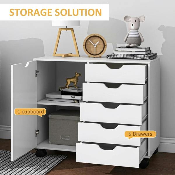 White mobile office cabinet with open side compartment and stacked drawer fronts