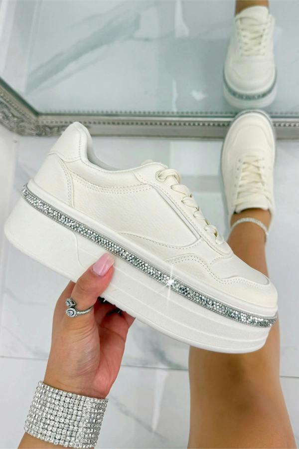 Love Lemonade Crystal Diamante Trim Platform Trainers Nude
