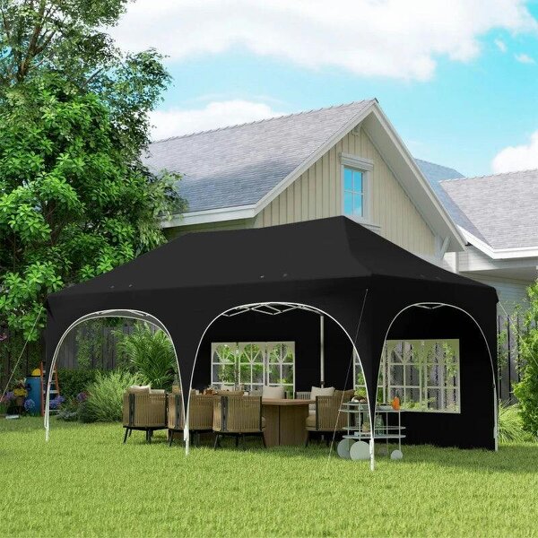 Bobobiy 3 x 6m Pop Up Gazebo Shelter with Sides, 6 Sandbags, Peak Top Garden Party Tent Marquee with Carry Bag, Black - Black