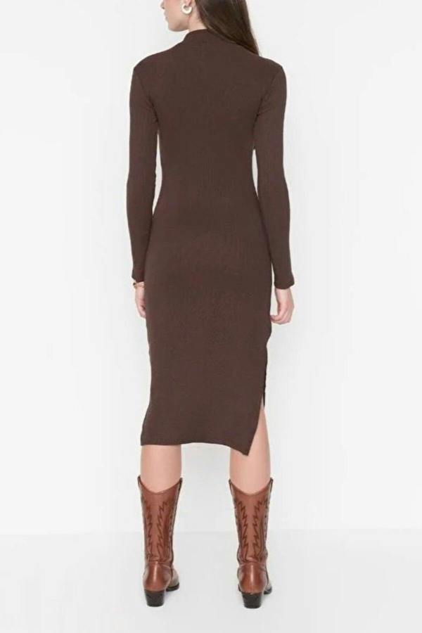WOVCOR Crew Neck Midi Ribbed Stretch Knit Pencil Dress with Slit