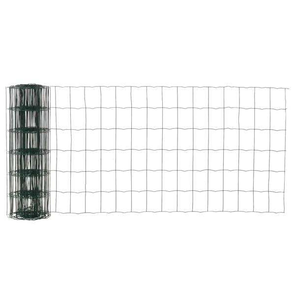 Green chicken wire mesh sheet with coiled roll section at one end
