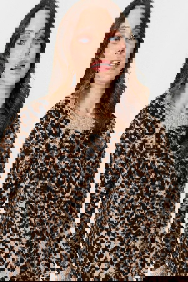 Beige | Animal Print Contrast Hem Knit Jumper