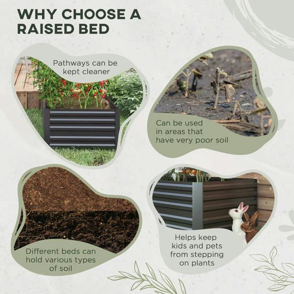 Dark grey raised garden bed planter with slatted sides, shown with soil filling