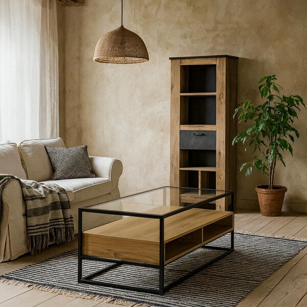 Wyld Haus Wrenna Black and Natural Oak Effect TV Unit Glass Top