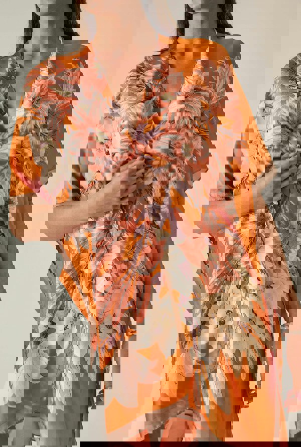 Vibrant orange floral print kaftan, relaxed fit