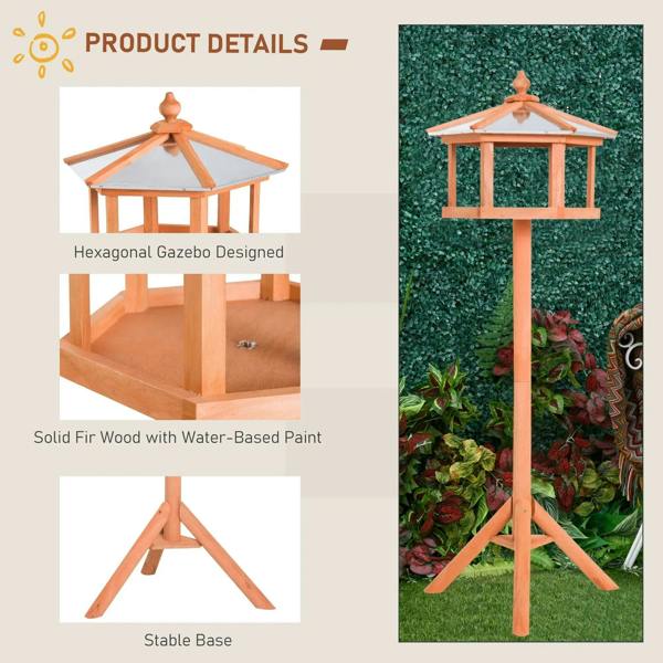 Hexagonal wooden bird feeder gazebo with decorative roof and open lower tray