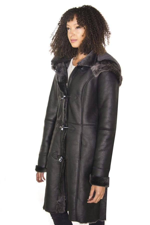 Infinity Leather Womens Black Sheepskin Hooded Duffle Coat-Ottawa