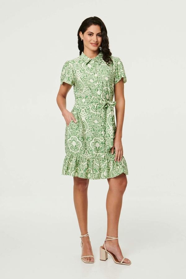 Green | Printed Short Sleeve Tie Short Dress