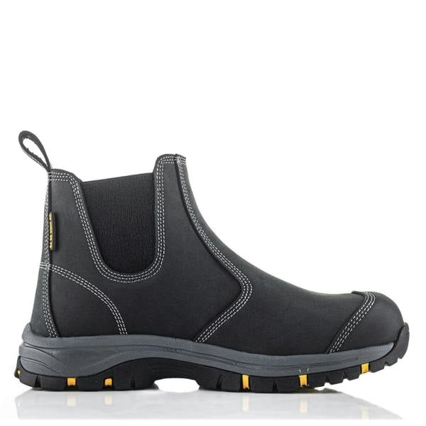 Buckbootz WIZD2 Mens Pull On S7S Dealer Chelsea Safety Ankle Boots, black slip-on leather safety boots with rugged sole and white stitching for durability and comfort.