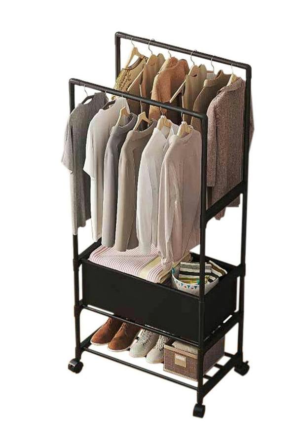 Living and Home 2 Rod Multi-Functional Clothes Rack Garment Rack with Laundry Basket Bedroom Coat Holder
