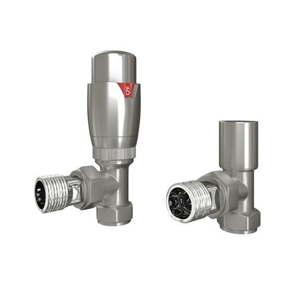 Flode Angled Round Thermostatic Radiator Valve Pack | 15mm x 1/2" | Brushed Steel